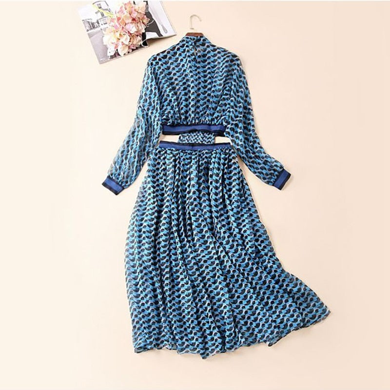Summer Print Dress For Women Stand Collar Long Sleeve High Waist Hollow Out Midi Dresses Female Fashion 2022 New