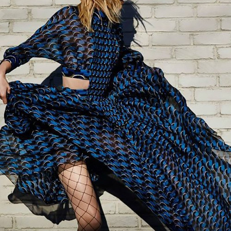 Summer Print Dress For Women Stand Collar Long Sleeve High Waist Hollow Out Midi Dresses Female Fashion 2022 New