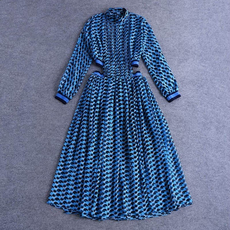 Summer Print Dress For Women Stand Collar Long Sleeve High Waist Hollow Out Midi Dresses Female Fashion 2022 New