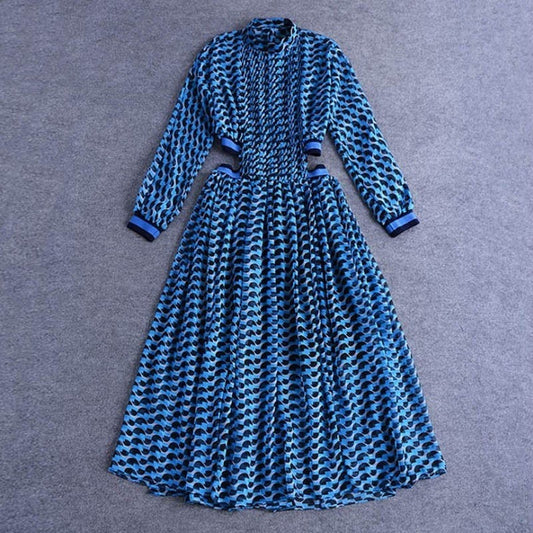 Summer Print Dress For Women Stand Collar Long Sleeve High Waist Hollow Out Midi Dresses Female Fashion 2022 New