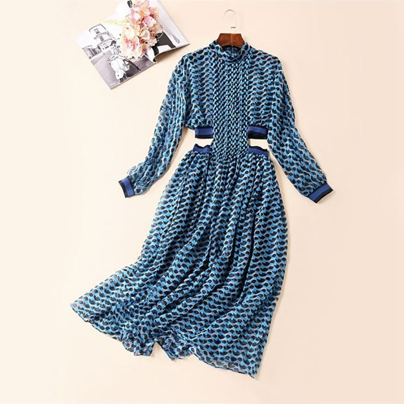 Summer Print Dress For Women Stand Collar Long Sleeve High Waist Hollow Out Midi Dresses Female Fashion 2022 New