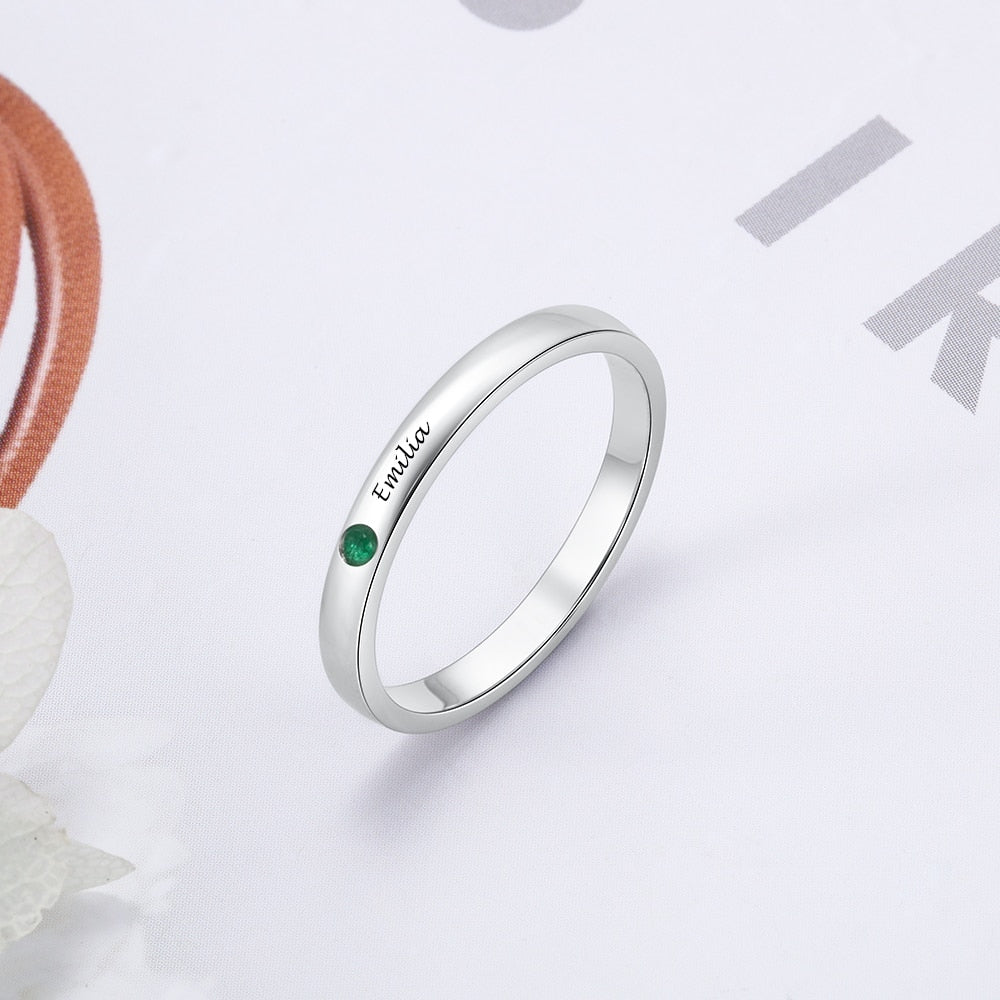 Silver Color Personalized Name Ring with Birthstone Custom Engraved Rings for Women Fashion Jewelry Gifts for Mother